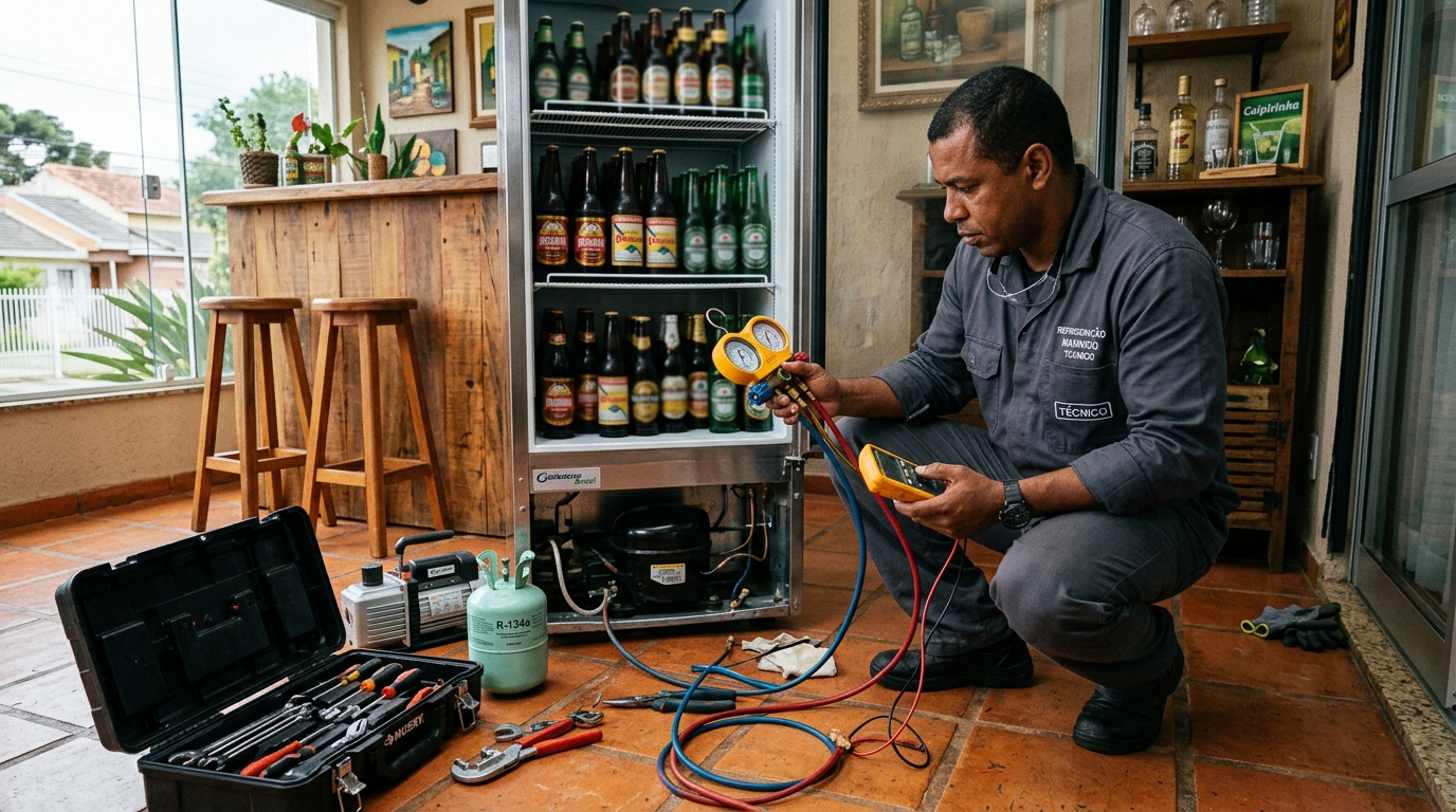 Técnico realizando manutenção de motor de cervejeira no Orion, Divinópolis‑MG