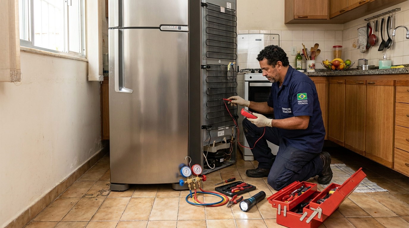 Técnico realizando manutenção de motor de geladeira no São Bento, Divinópolis‑MG