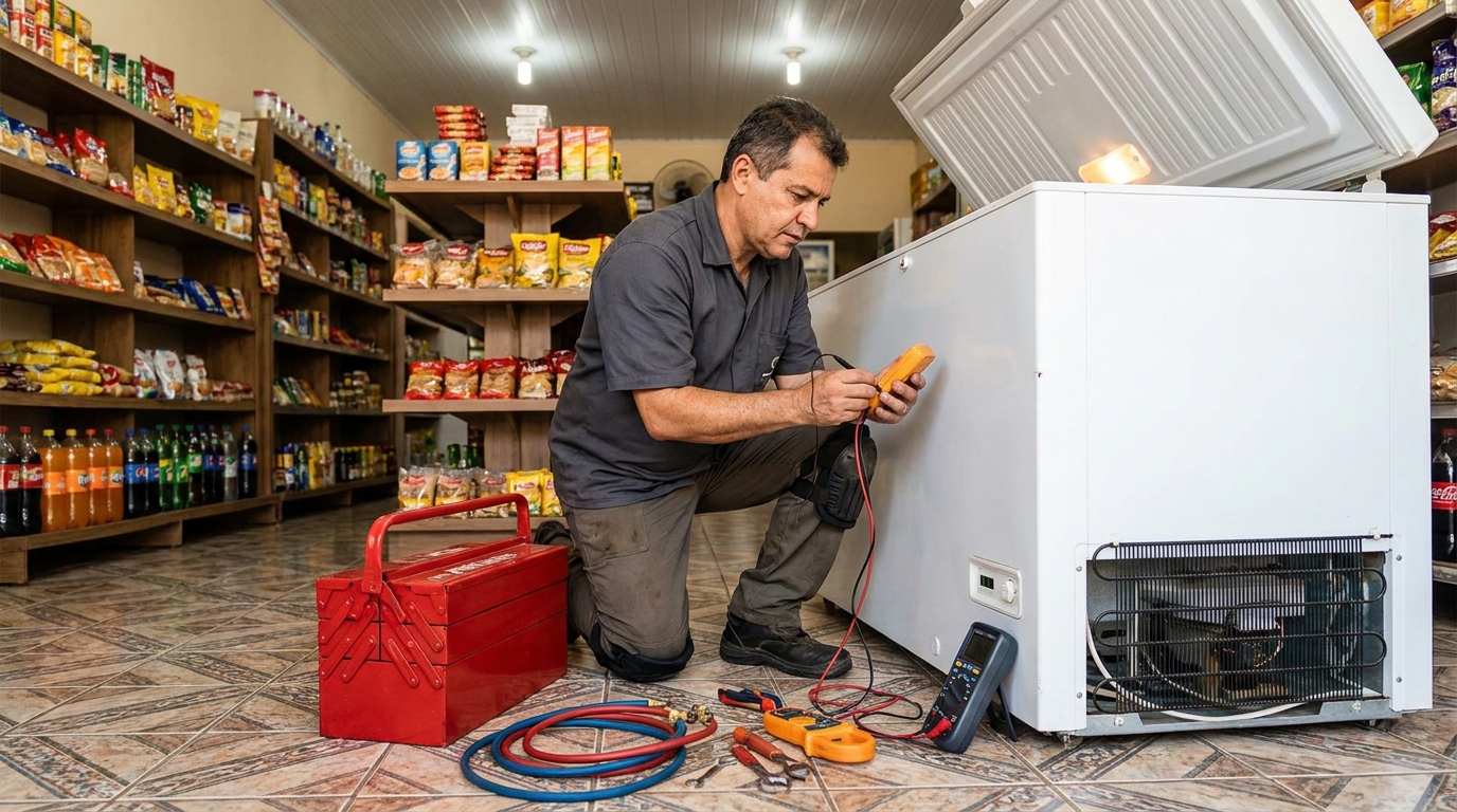 Recarga de gás refrigerante em freezer em atendimento no Jardim Betânia, Divinópolis‑MG