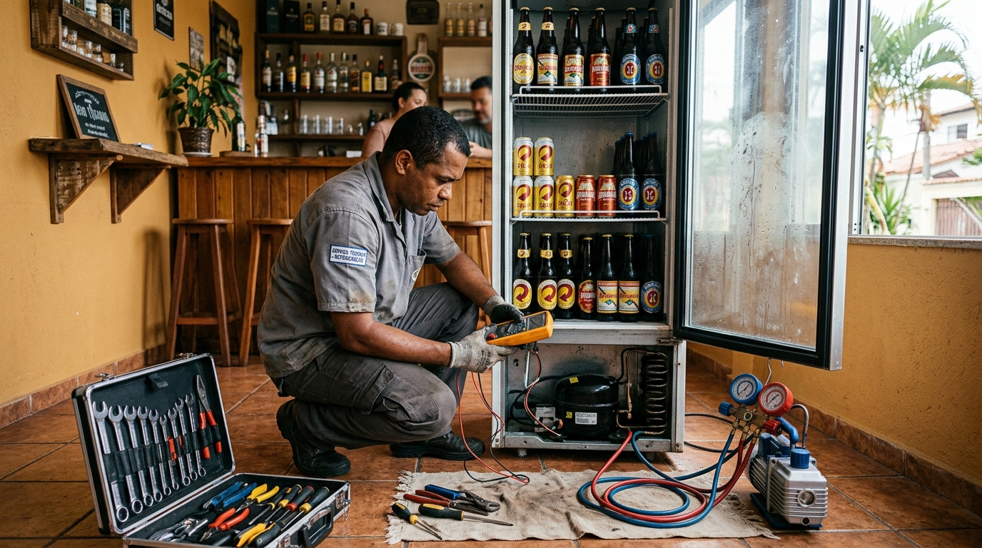 Troca de termostato de cervejeira em atendimento técnico no Orion, Divinópolis‑MG