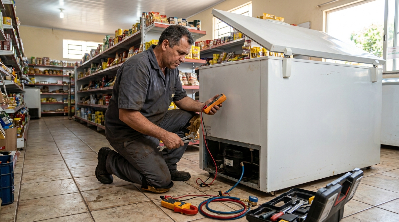 Troca de termostato de freezer em atendimento técnico no Jardim Betânia, Divinópolis‑MG